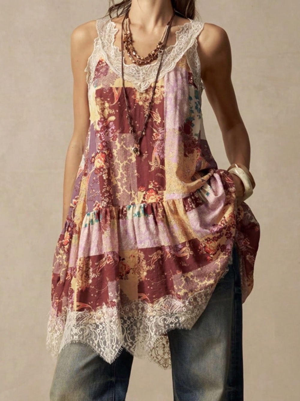 Boho Floral Print V Neck lace Sleeveless Tank Dress